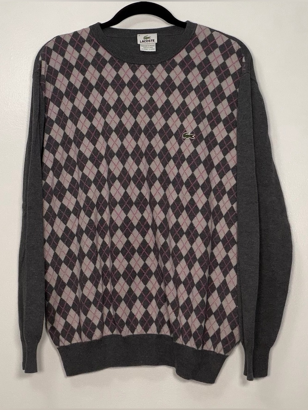 Lacoste Men’s Argyle Crewneck Sweater — Gray & Pink